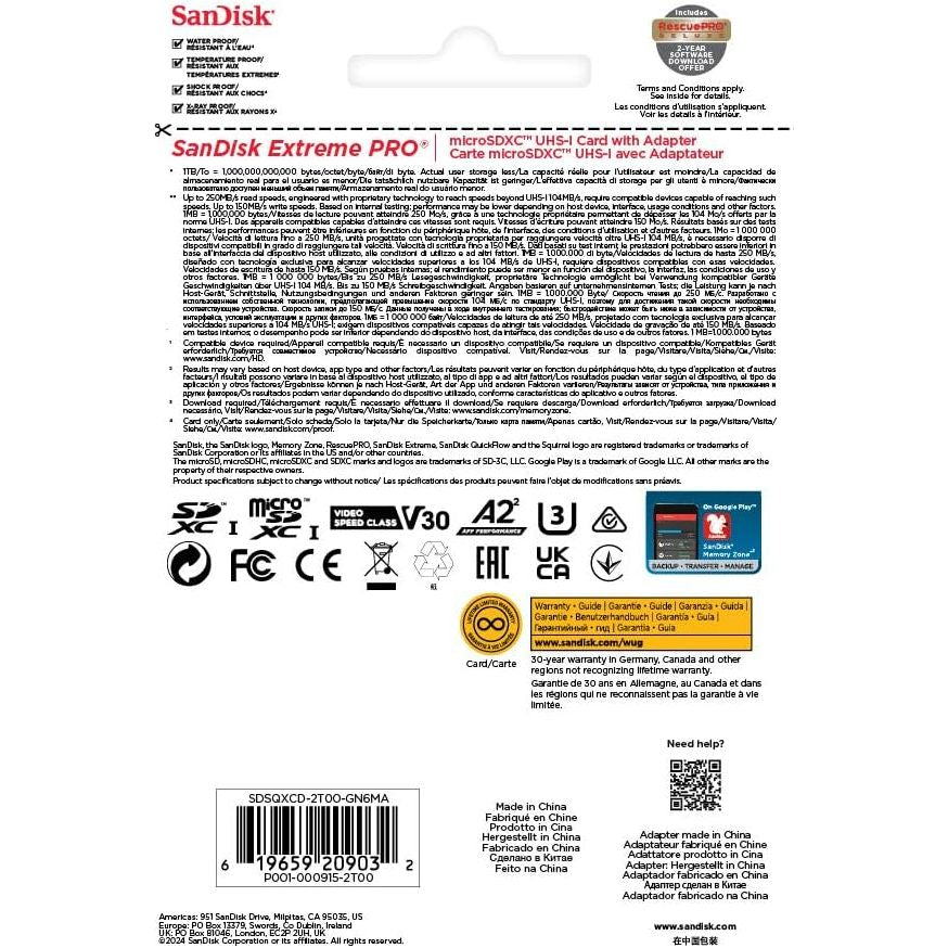 Buy SanDisk,SanDisk Extreme PRO 2TB microSD Card + SD Adapter – 250MB/s, UHS-I, A2, V30, 4K/5K UHD, RescuePro Deluxe - Gadcet UK | UK | London | Scotland | Wales| Near Me | Cheap | Pay In 3 | Flash Memory Cards